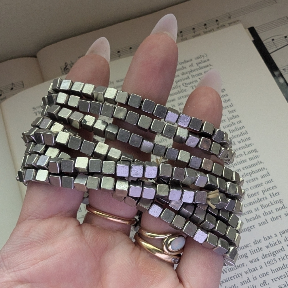 Set Of Silver Cube Beaded Stretch Bracelets
